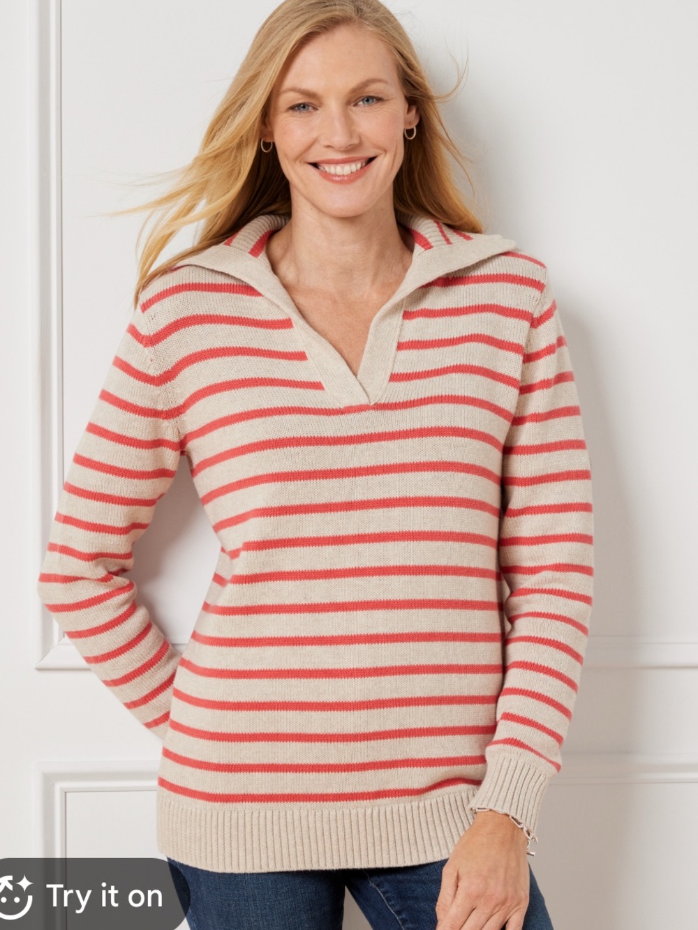 Talbots BRUSHED COTTON JOHNNY COLLAR PULLOVER - SIMPLE STRIPE 2X